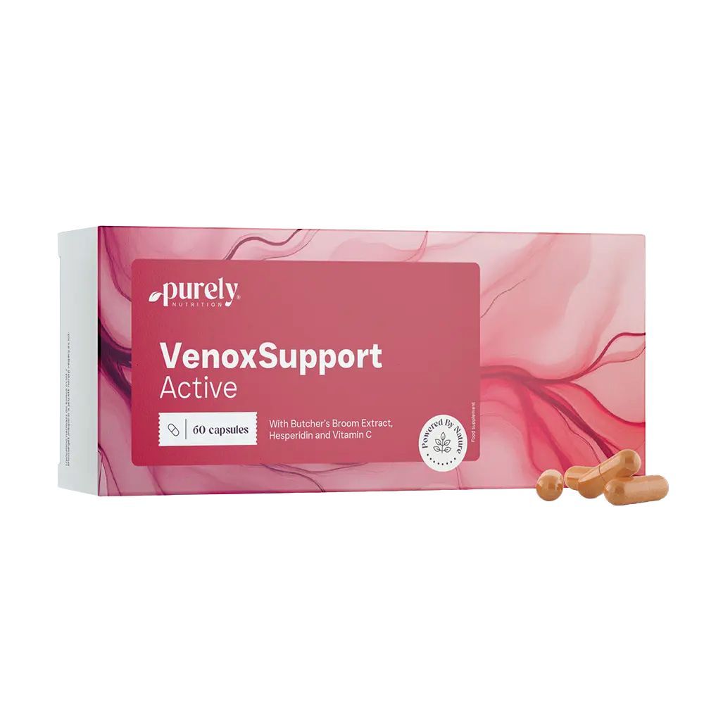 Verpakking van VenoxSupport Active. Rode doos met productnaam en capsules. 60 capsules. Met muisdoornextract, hesperidine en vitamine C.
