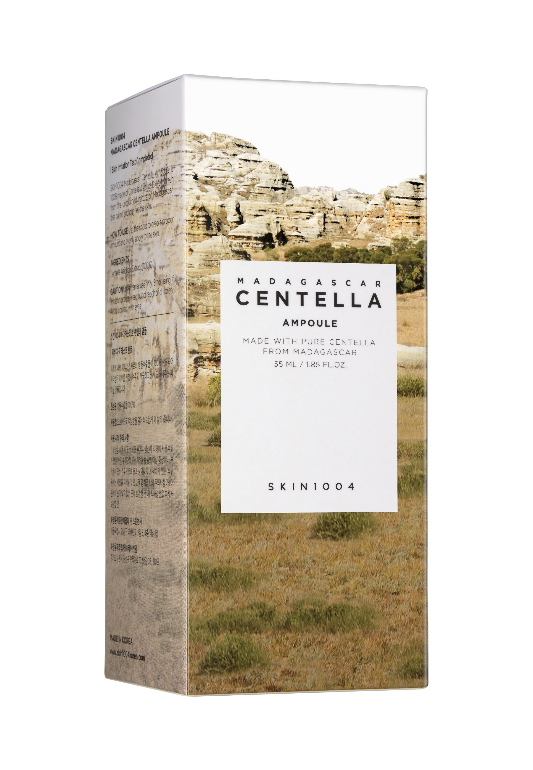 Verpakking van SKIN1004 MADAGASCAR CENTELLA AMPOULE. Witte doos met productinformatie en landschapsfoto.