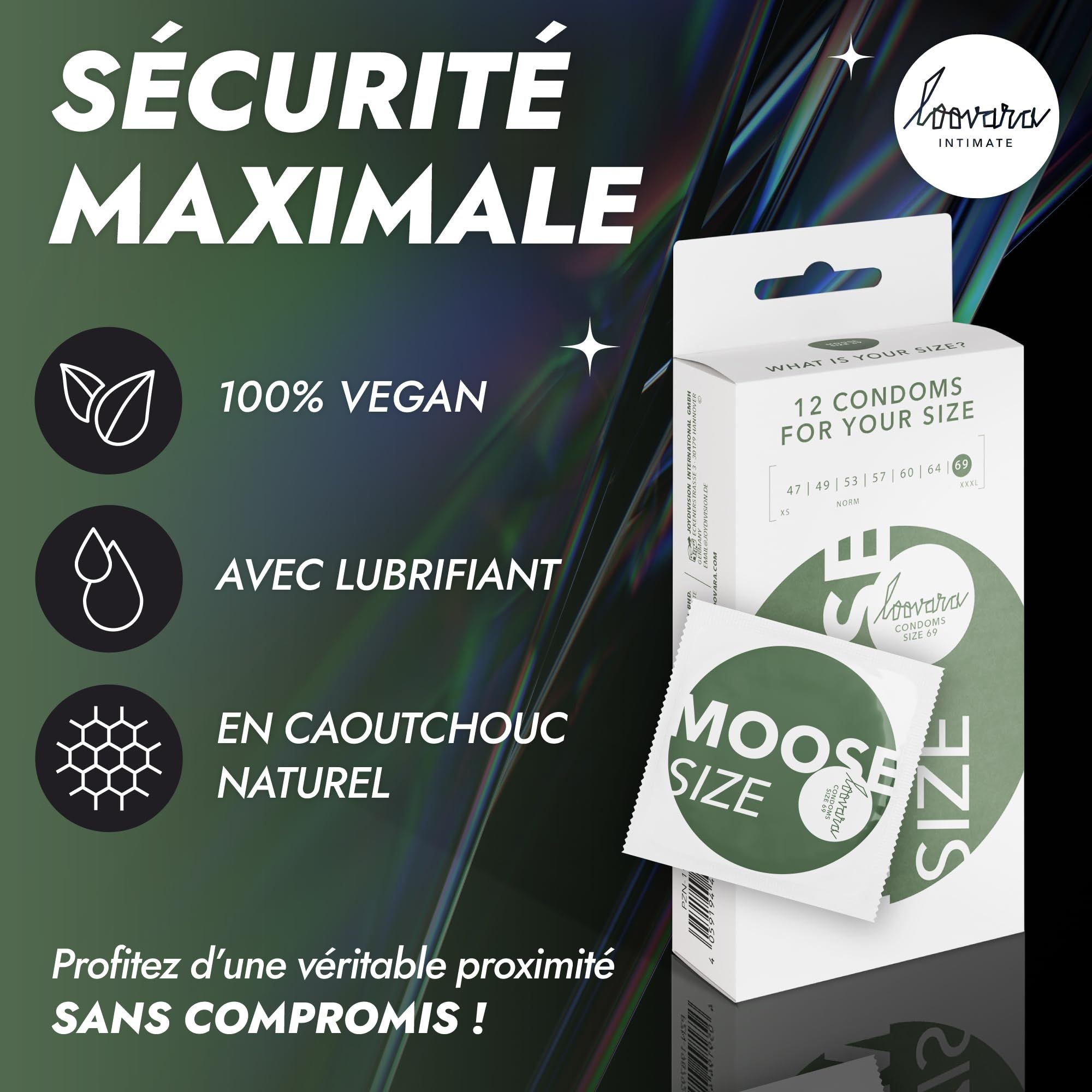 Préservatifs Loovara Moose XXXL : 12 pièces, vegan, avec lubrifiant, en latex naturel.