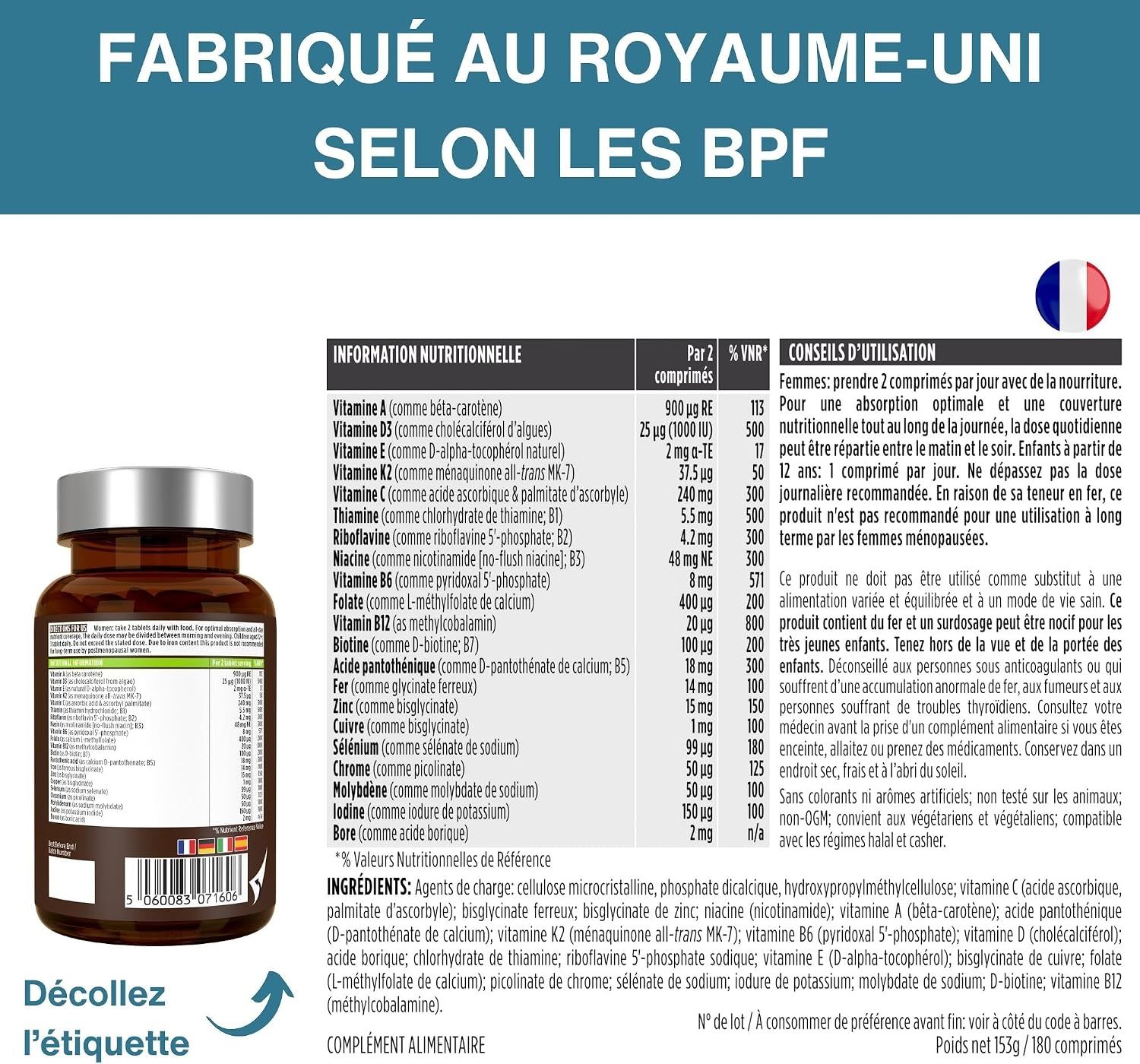 Bouteille avec informations nutritionnelles et instructions d'utilisation. Fabriqué au Royaume-Uni selon les normes GMP.