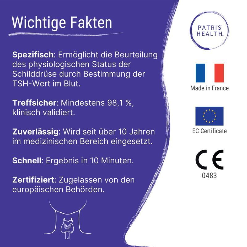 Faits clés du test TSH Patris Health®. Informations sur la spécificité, la précision, la fiabilité et la certification.