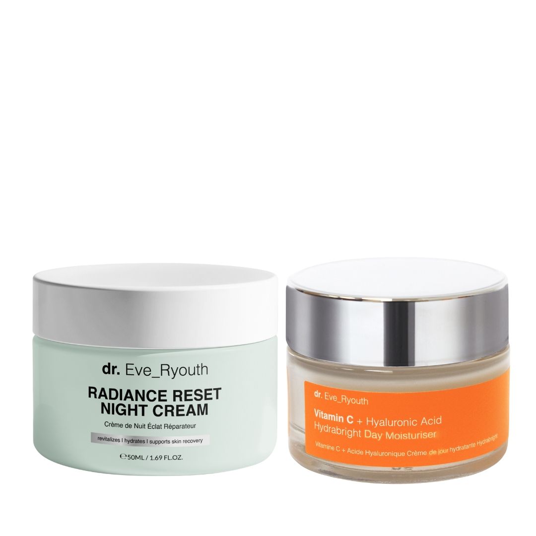 Deux pots de crème : Dr. Eve_Ryouth Radiance Reset Night Cream et Vitamin C Day Moisturizer. Pots en verre avec couvercles.