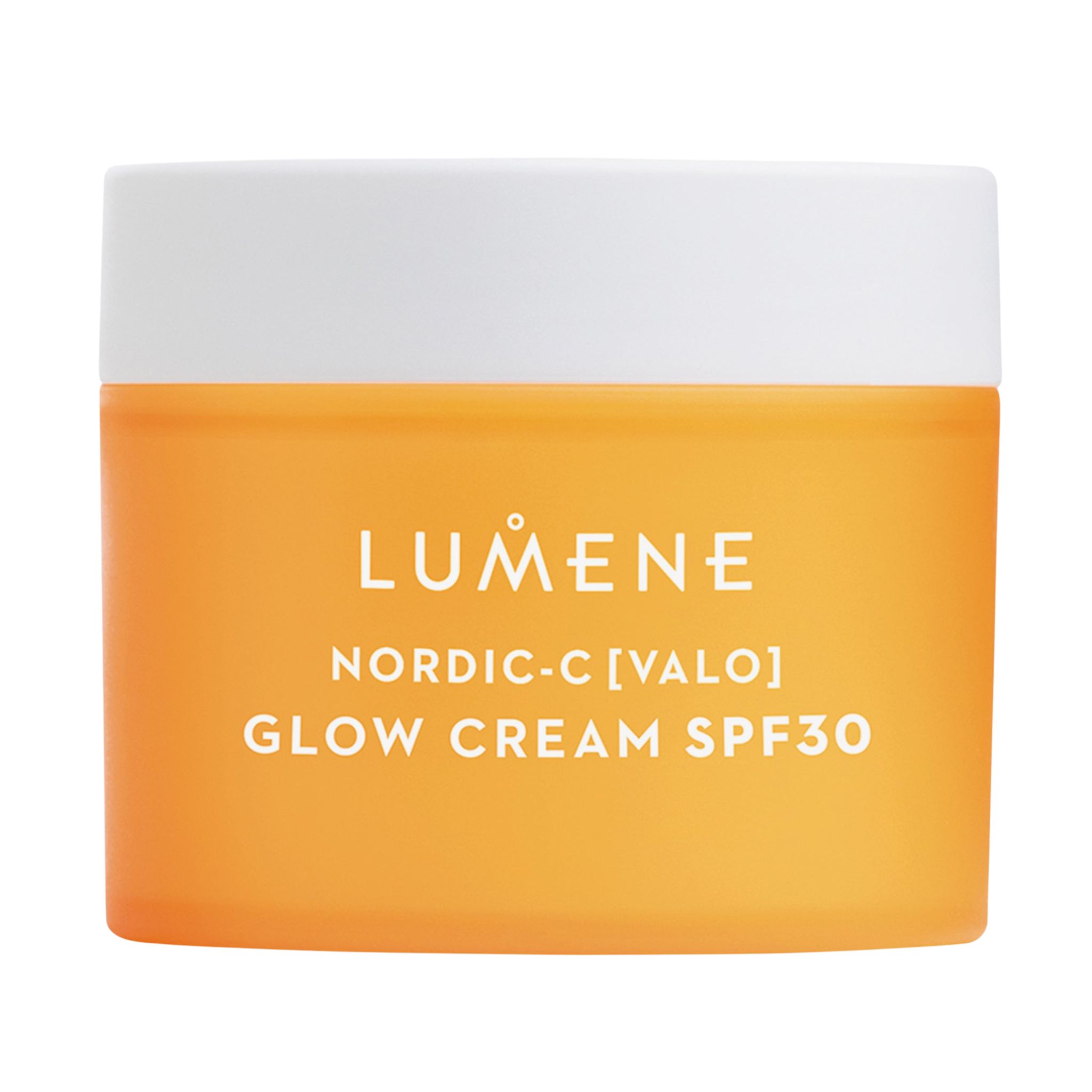 Pot de crème jaune avec couvercle blanc. Inscription : LUMENE, NORDIC-C [VALO] GLOW CREAM SPF30.