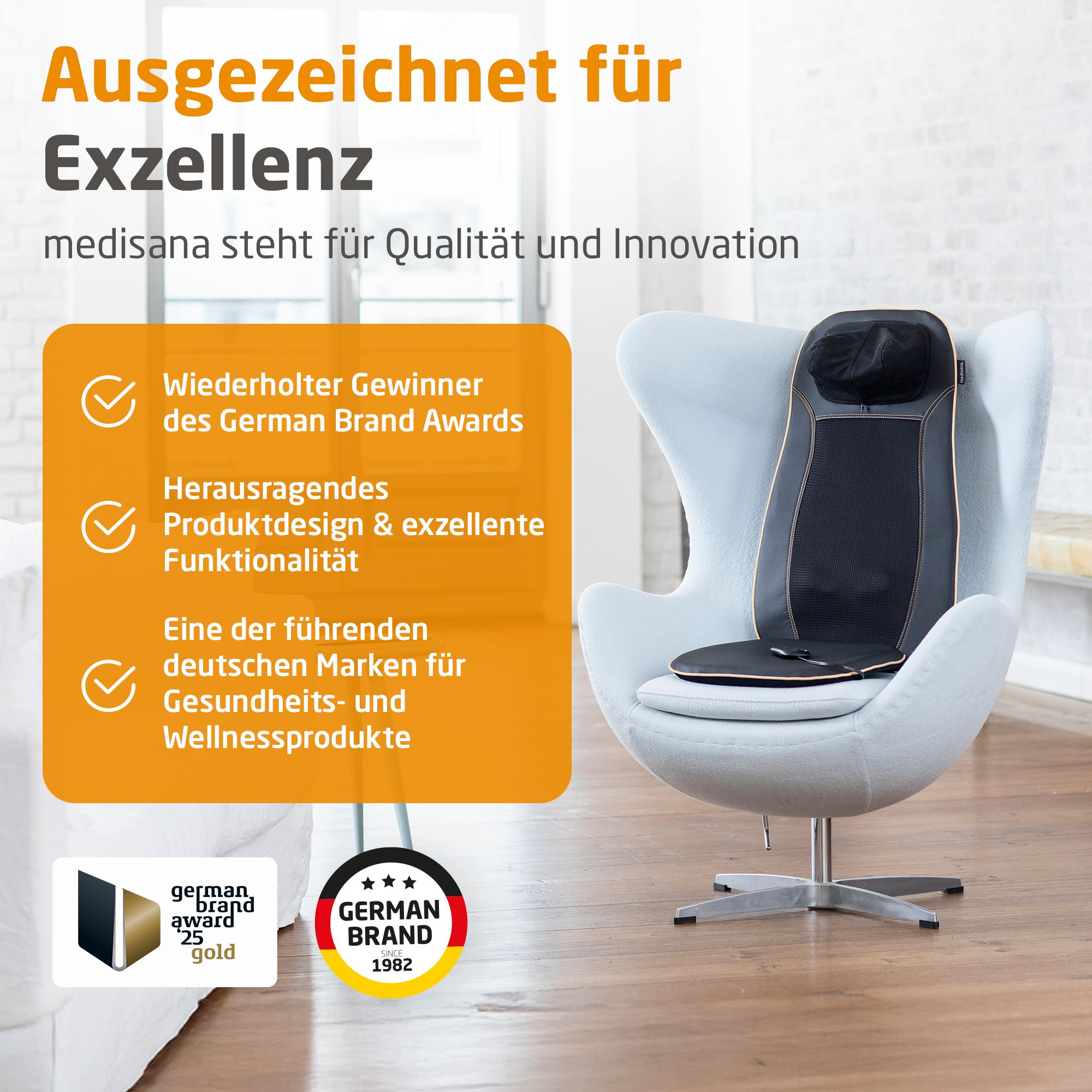 Massagekussen in stoel. Bekroond met Excellentie, winnaar German Brand Award.