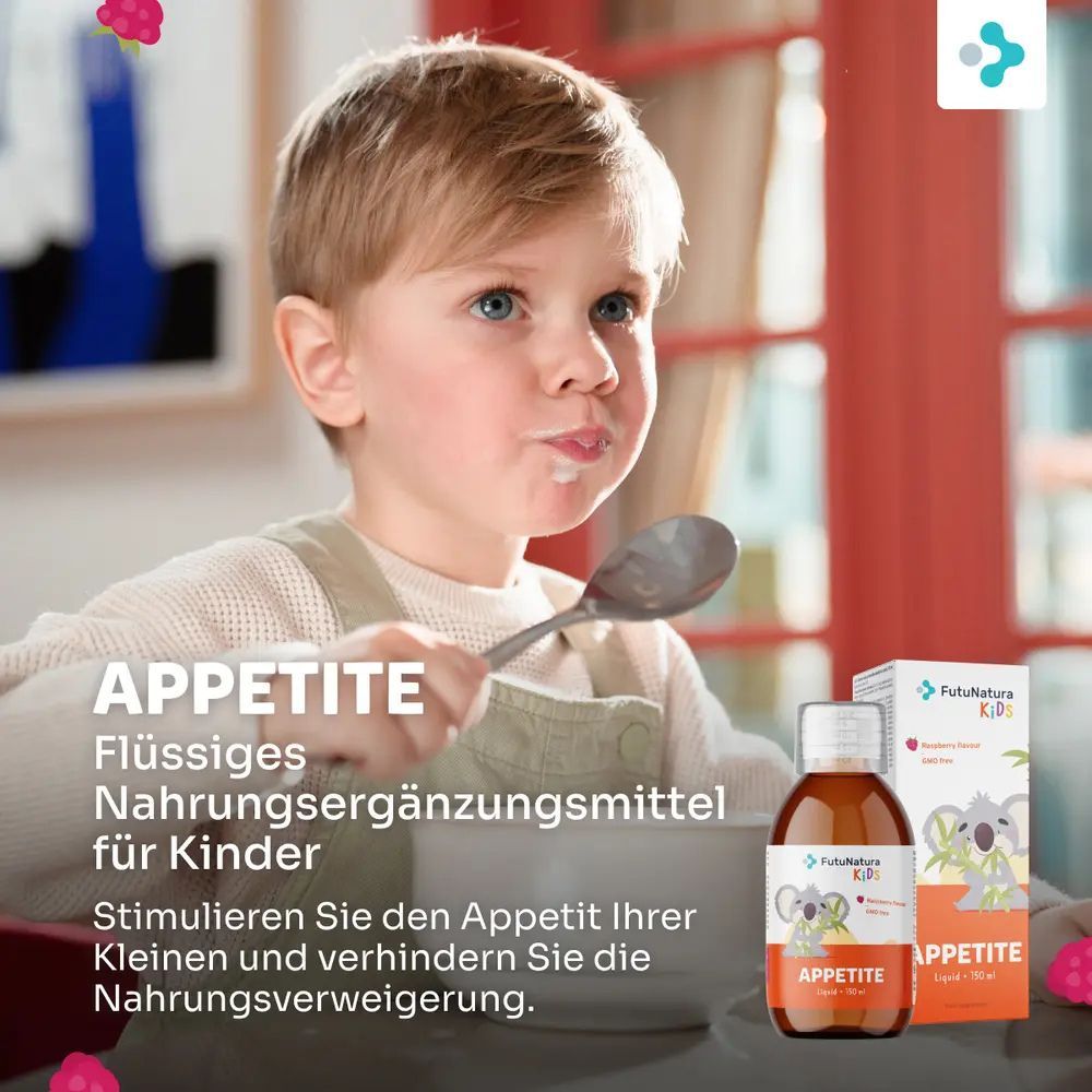 Enfant mangeant. À côté, une bouteille et une boîte de FutuNatura KIDS Sirop Appétit.