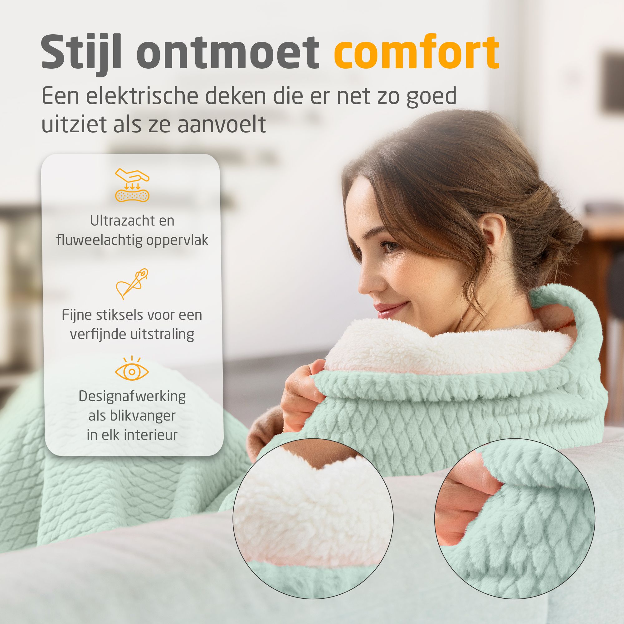 Vrouw met verwarmde deken, savage green. Superzacht oppervlak. Fijne naden. Hoogwaardige afwerking. Tekst: Stijl ontmoet comfort.