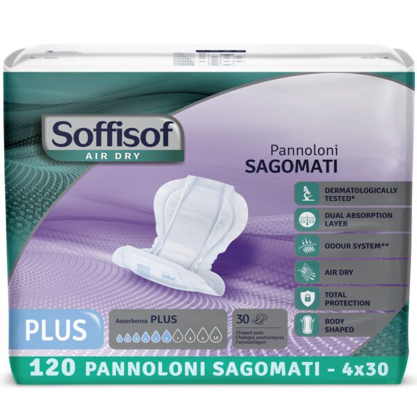 Paquet de protections anatomiques Soffisof Plus. 120 protections, 4x30. Air Dry, testé dermatologiquement, double couche absorbante.