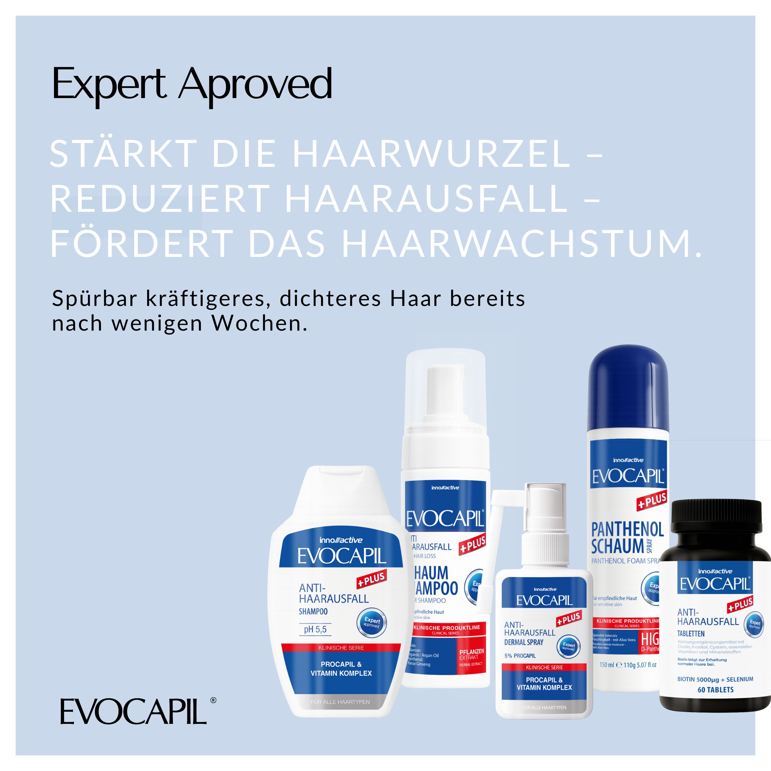 Verschillende Evocapil Plus producten: Shampoo, schuim, spray, tabletten. Expert goedgekeurd. Versterkt de wortel.
