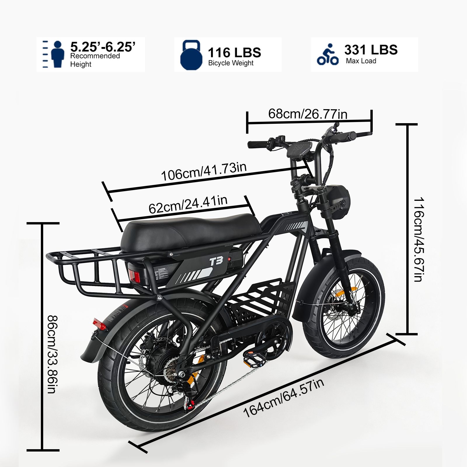 Elektrische cargofiets met afmetingen. Hoogte, lengte, breedte, gewicht en maximale belasting in cm en lbs.