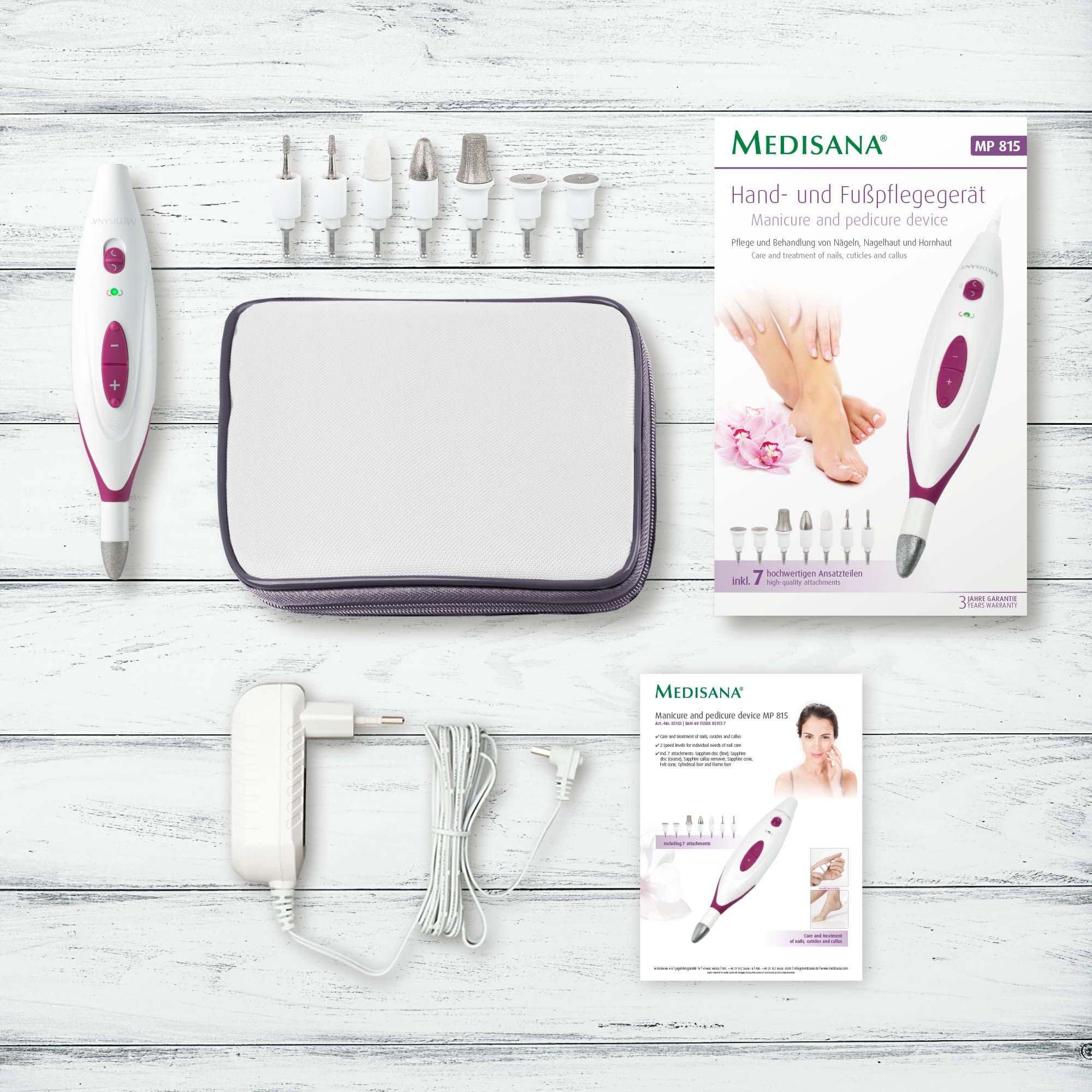 Set Medisana MP 815 : appareil manucure/pédicure, 7 embouts, pochette, adaptateur, notice.