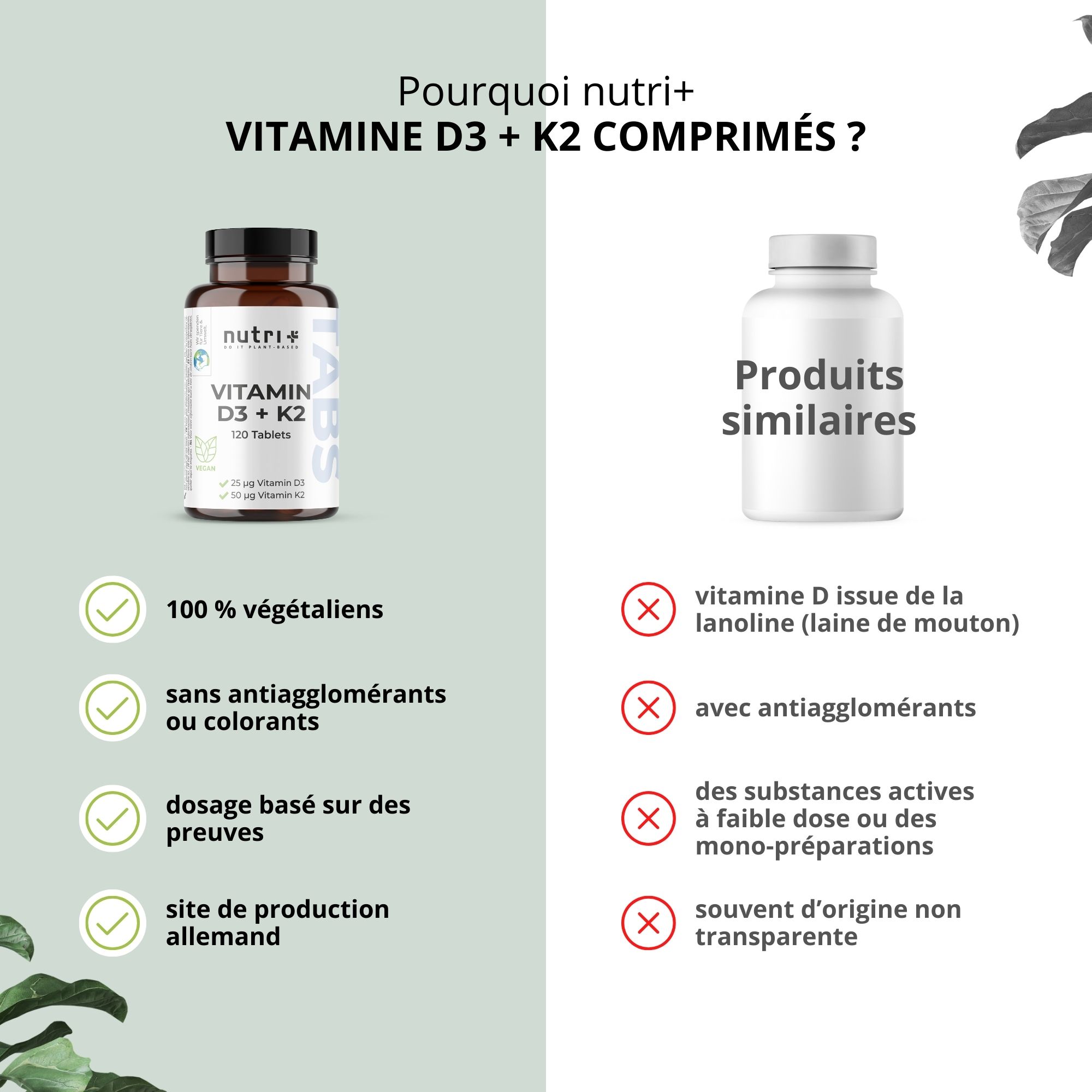 Comparaison : nutri+ Vitamine D3 + K2 comprimés vs. produits similaires. Avantages : végétalien, sans additifs, basé sur des preuves, production allemande.