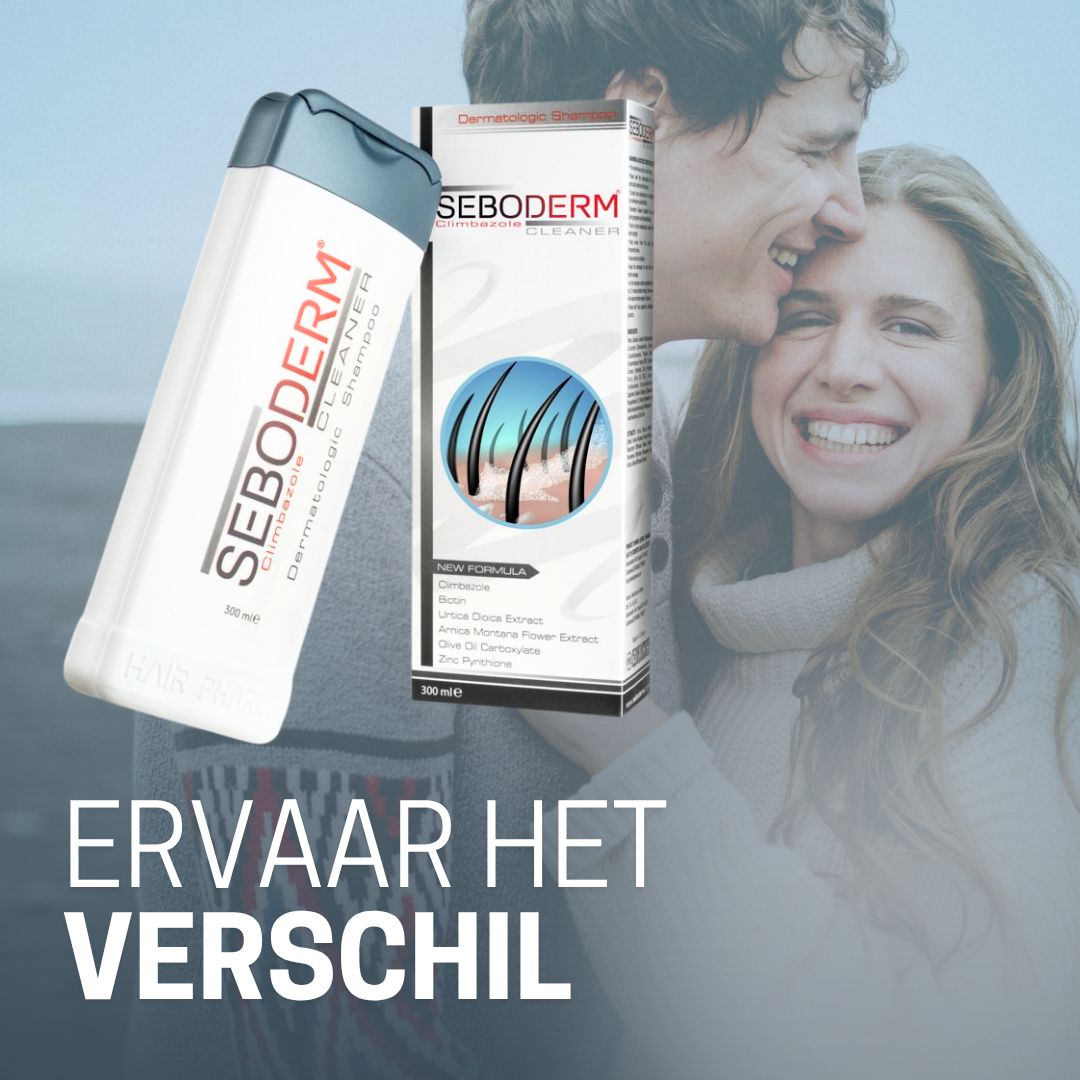 Gelukkig koppel naast Seboderm Cleaner Shampoo en doos.