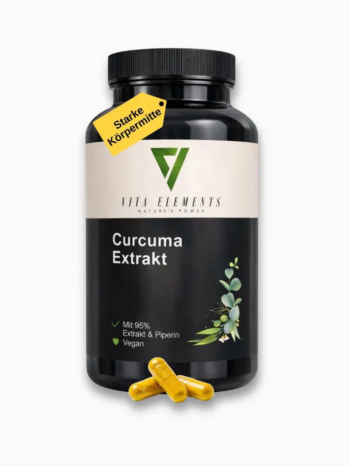 Vita Elements Kurkuma Extract Capsules: Zwarte pot met gele capsules en bladerenmotief. Bevat 95% extract & piperine. Vegan.