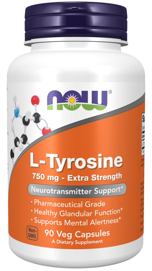 Flacon blanc avec bouchon bleu. Inscription : NOW, L-Tyrosine, 750 mg, Extra Strength. 90 gélules végétales.