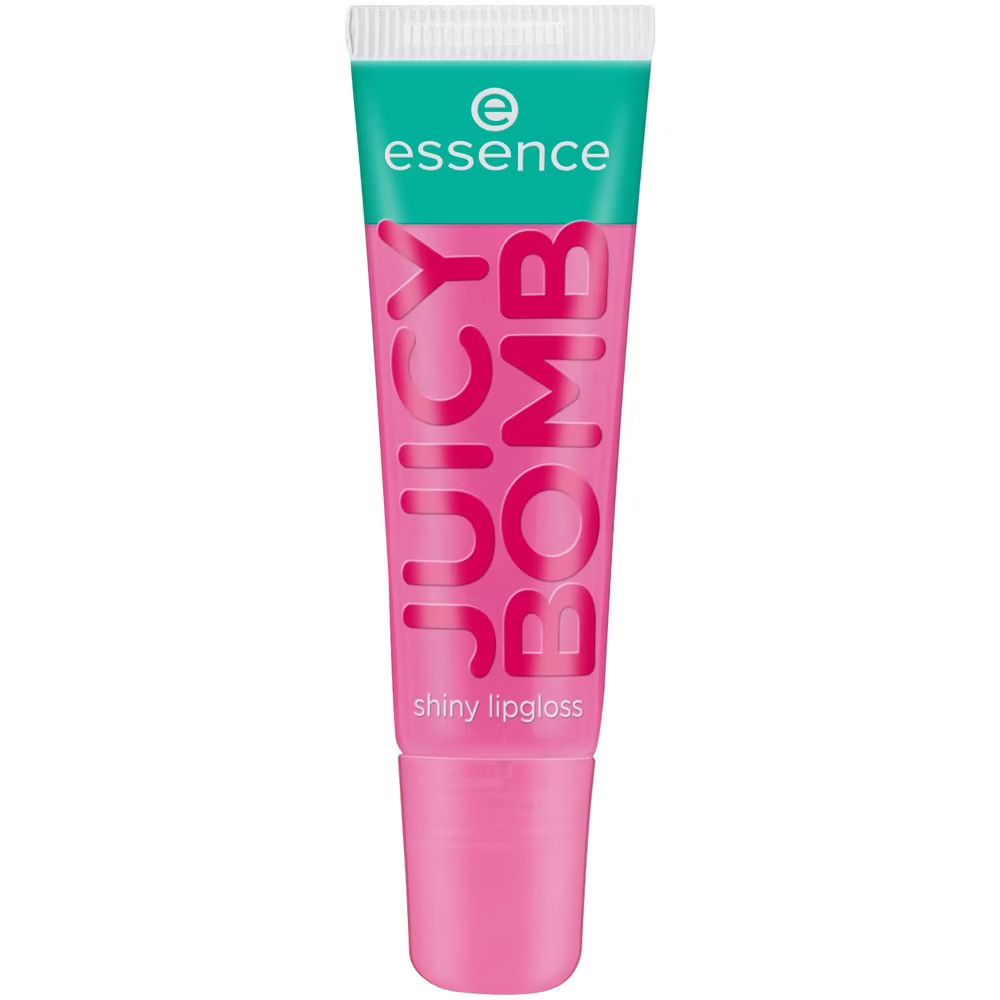 Tube de gloss rose. Inscription : Juicy Bomb, shiny lipgloss. Marque : essence.