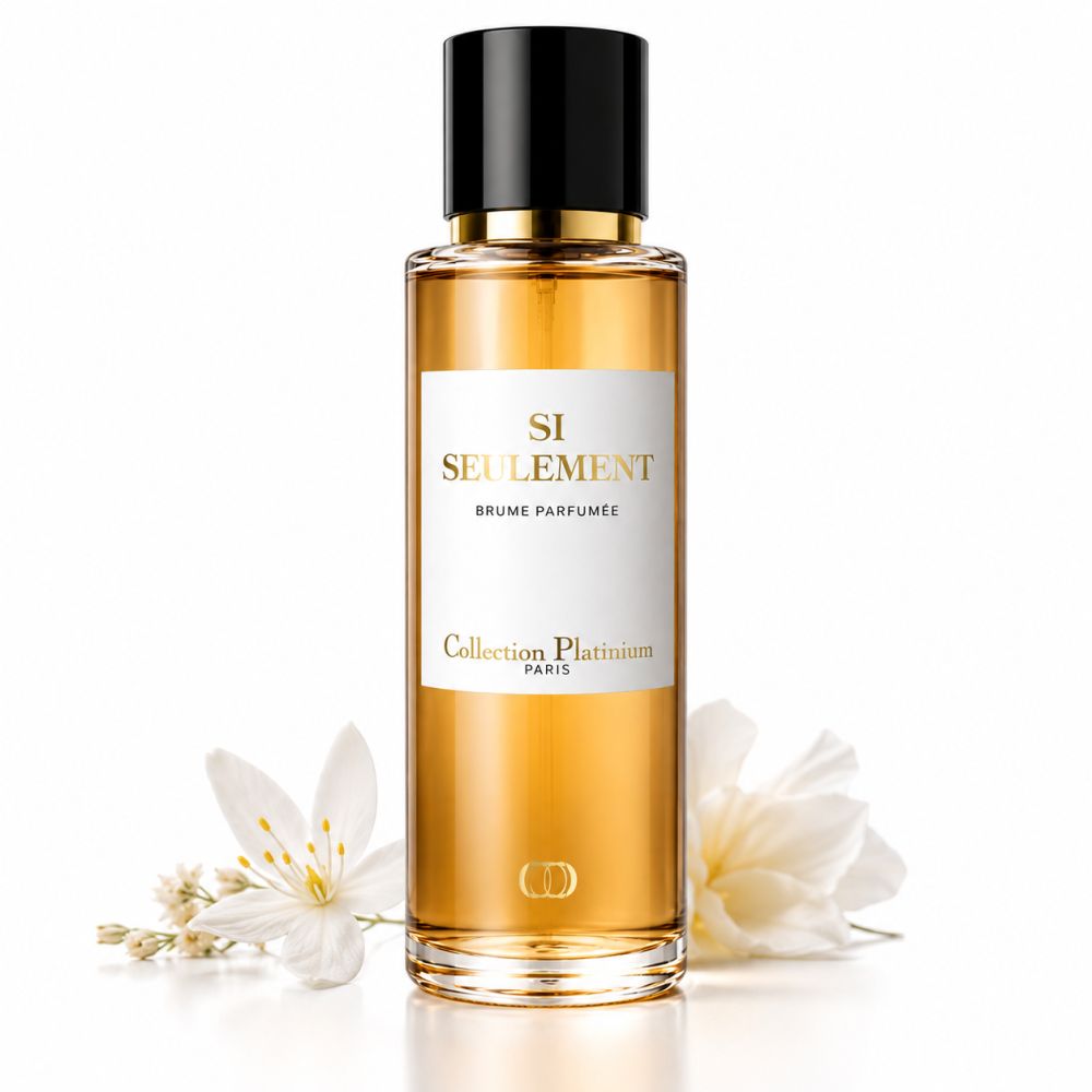 Liquide doré dans une bouteille en verre avec un bouchon noir. Étiquettes blanches avec écriture dorée. Fleurs blanches au premier plan.