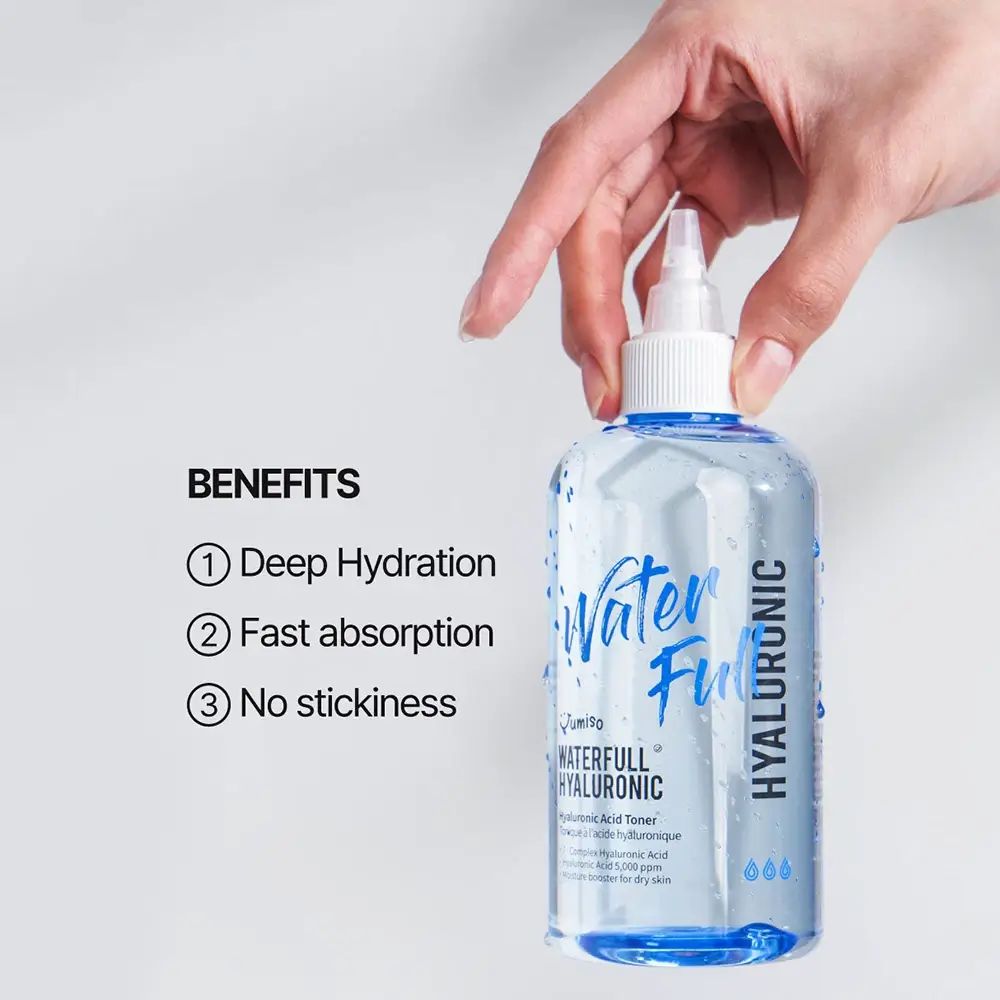 Hand houdt een fles toner vast. Opschrift Water Full Hyaluronic. Voordelen: diepe hydratatie, snelle absorptie, niet plakkerig.