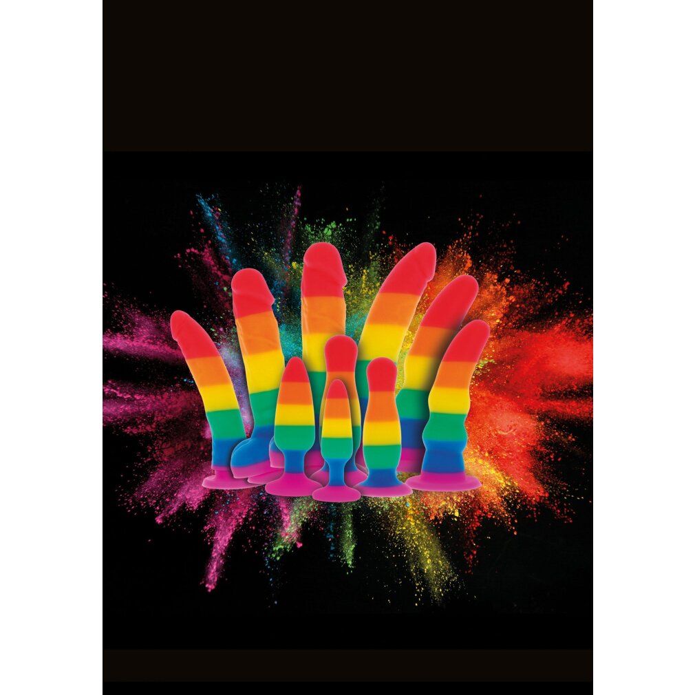 Verzameling regenboog anale plugs in verschillende maten voor gekleurd poeder.