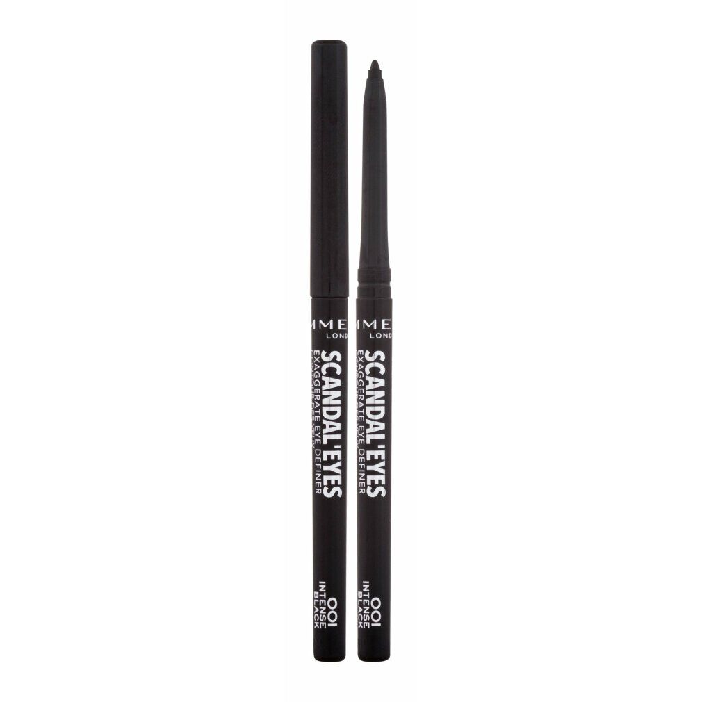 Twee zwarte eyeliner-stiften met open doppen. Opschrift: Scandal'eyes, 001 Intens zwart.