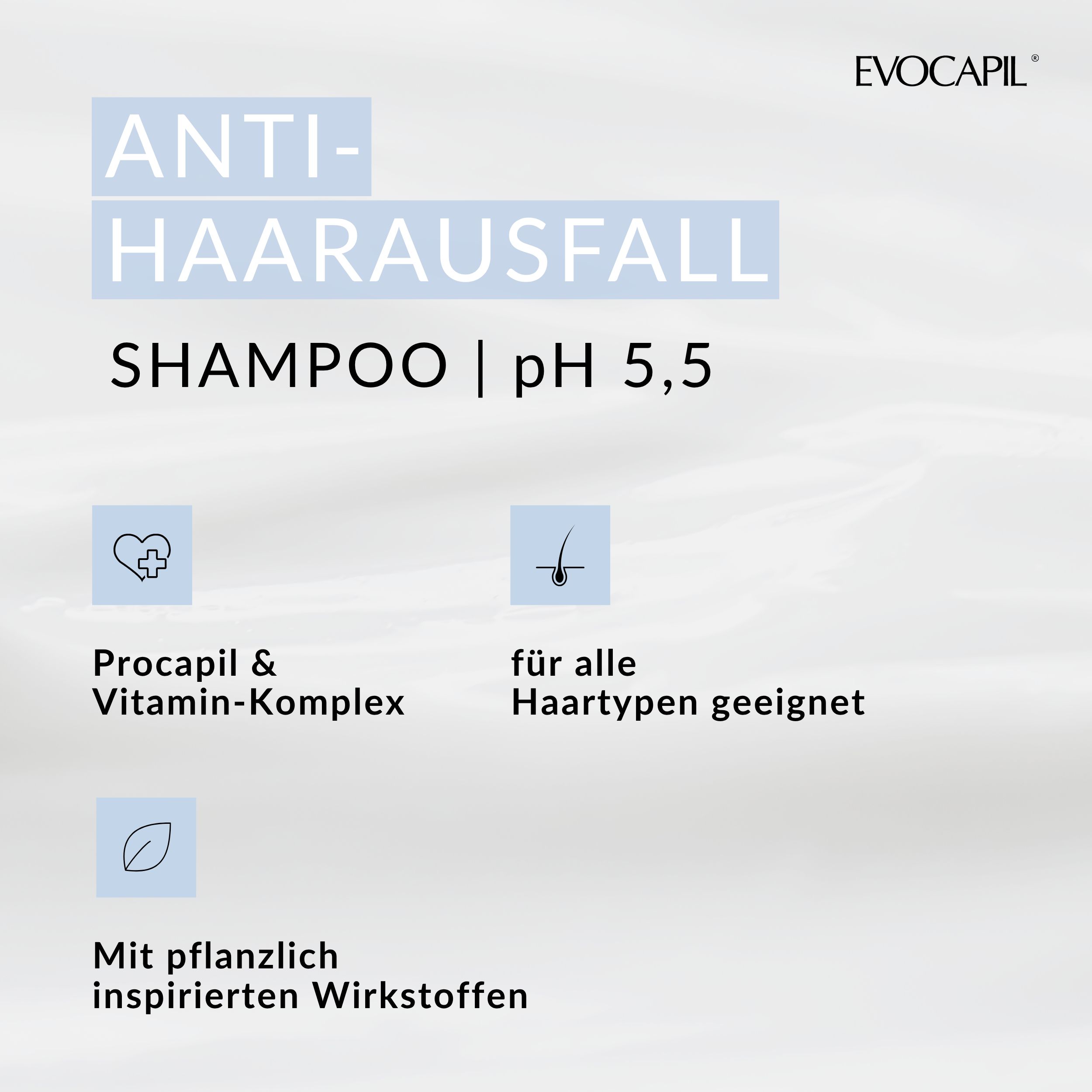 Anti-haaruitval shampoo. pH 5,5. Met Procapil & vitaminecomplex. Geschikt voor alle haartypes. Met plantaardige ingrediënten.