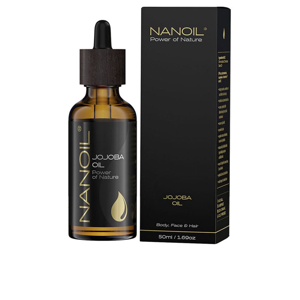 Flacon en verre brun avec pipette et emballage noir. Inscription: NANOIL Jojoba Oil. 50ml.