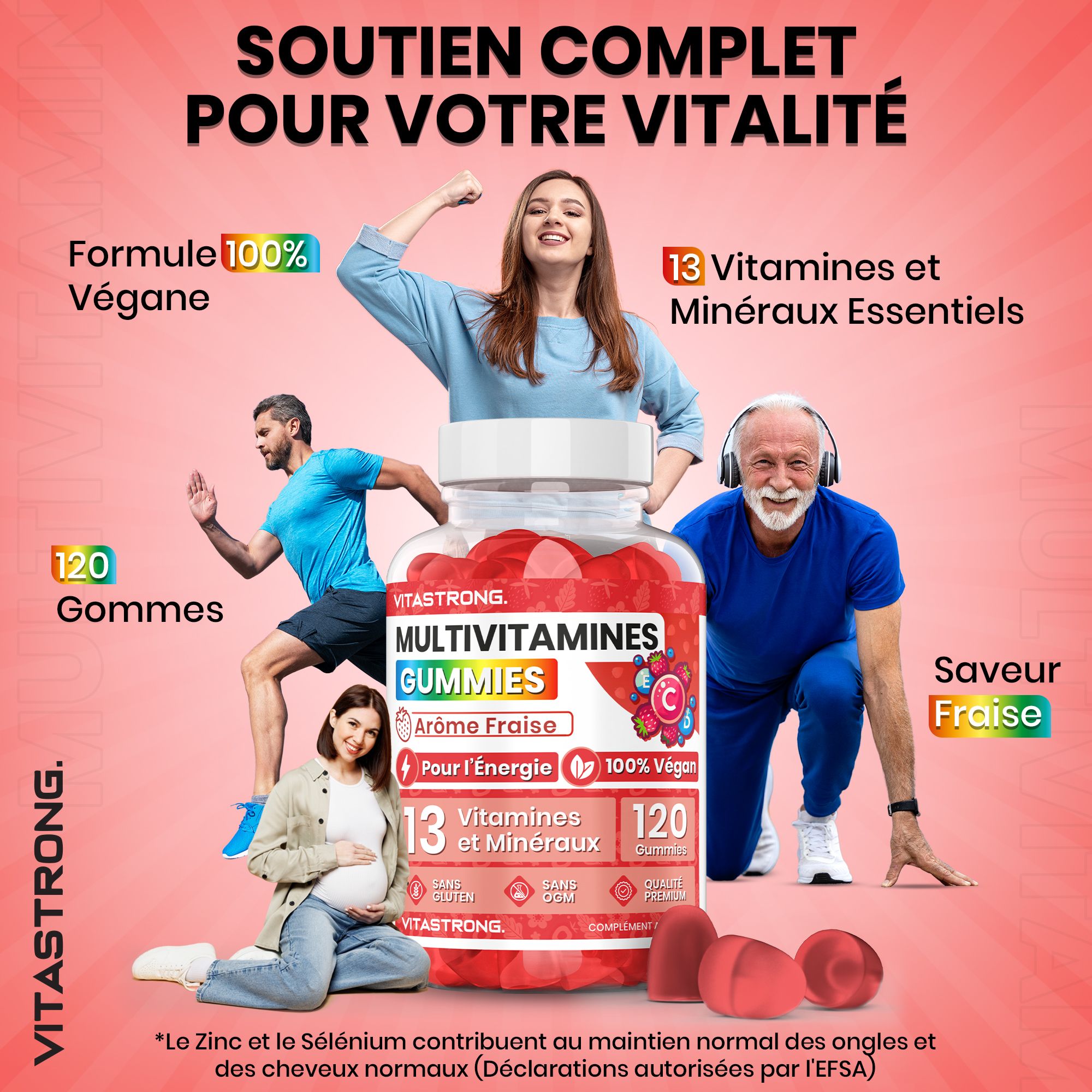 Reclame met mensen, gummies en tekst. Vitastrong Multivitamine Gummies, aardbeiensmaak, 120 gummies, 13 vitamines & mineralen.