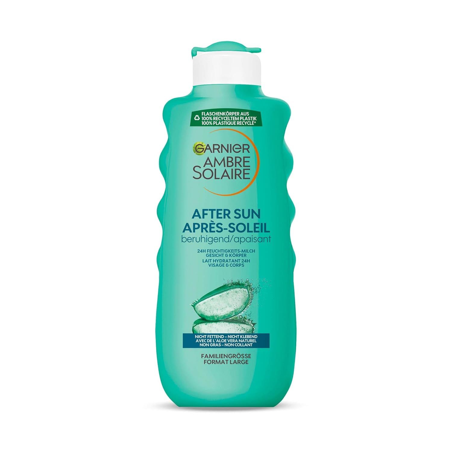 Garnier Ambre Solaire Après-Soleil. Bouteille verte. Texte: Apaisant, 24h hydratation, non collant, format familial.