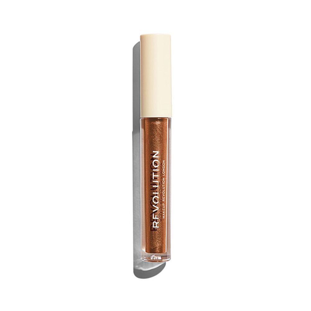 Vloeibare oogschaduw in een transparante fles met beige dop. Opschrift: REVOLUTION MAKEUP REVOLUTION LONDON.