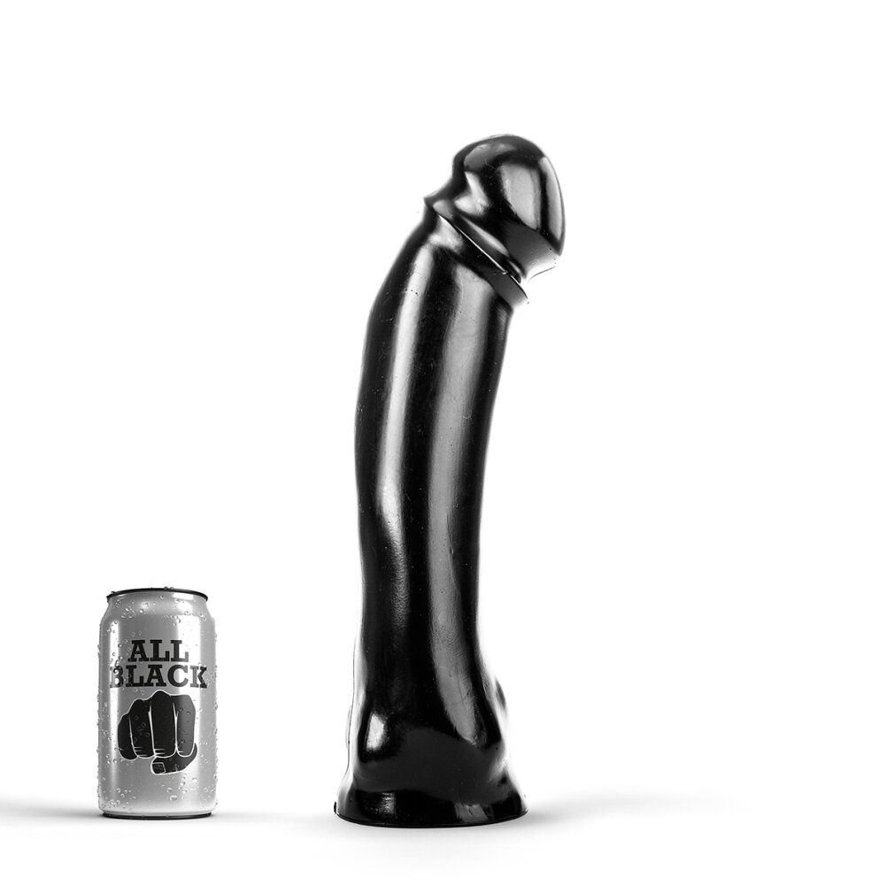 Dildo noir brillant, incurvé, à côté d'une canette "ALL BLACK". Forme phallique, surface lisse.
