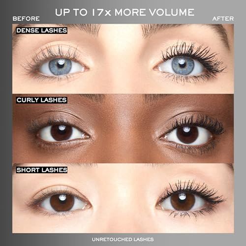 Comparaison des cils avant et après l'application du mascara. Cils denses, bouclés et courts.