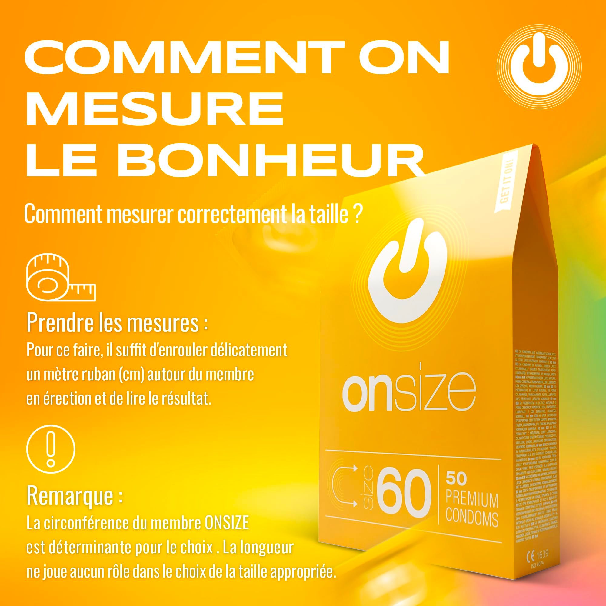 Boîte ONsize 60mm, 50 préservatifs premium. Texte : Une sensation naturelle. Latex.