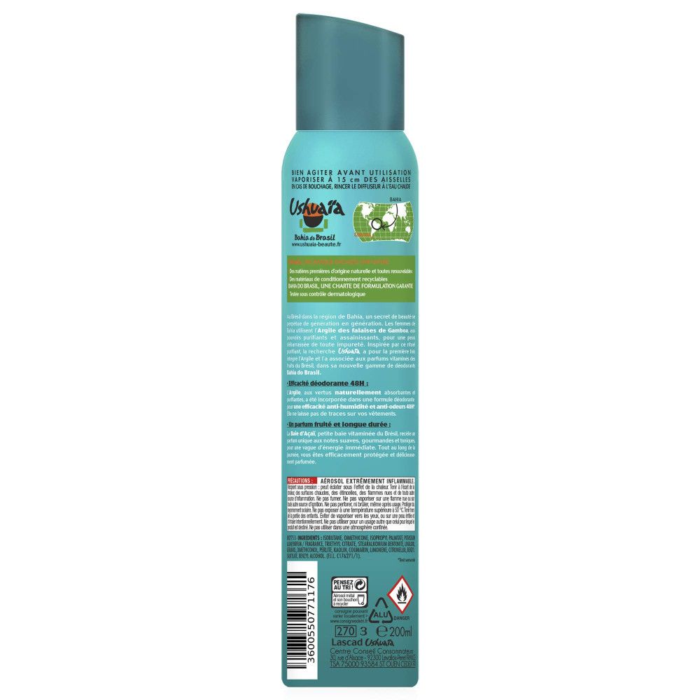 Turquoise deodorant spraybus. Achterkant met tekst en logo. Bevat klei en acai bes. Groene en witte elementen.