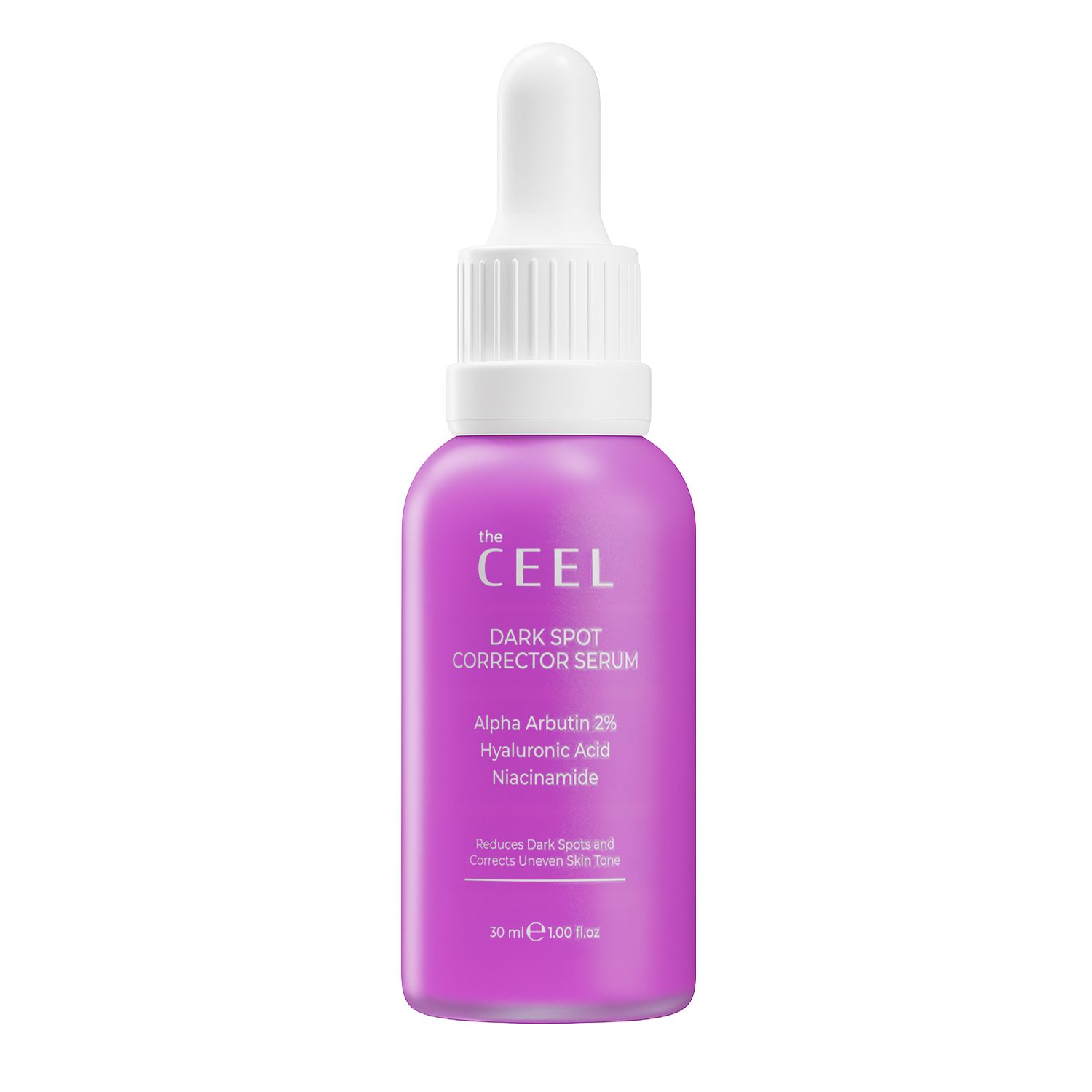 Paarse fles van THE CEEL Anti Dark Spot Corrector Serum met druppelflesje. Bevat 30 ml.