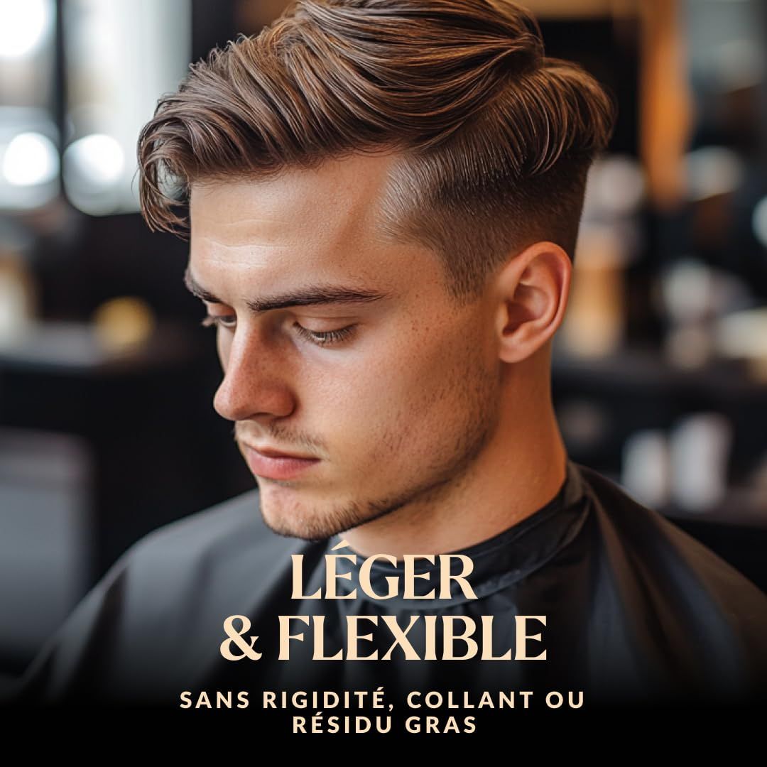 Homme aux cheveux coiffés, texte "Léger & Flexible".