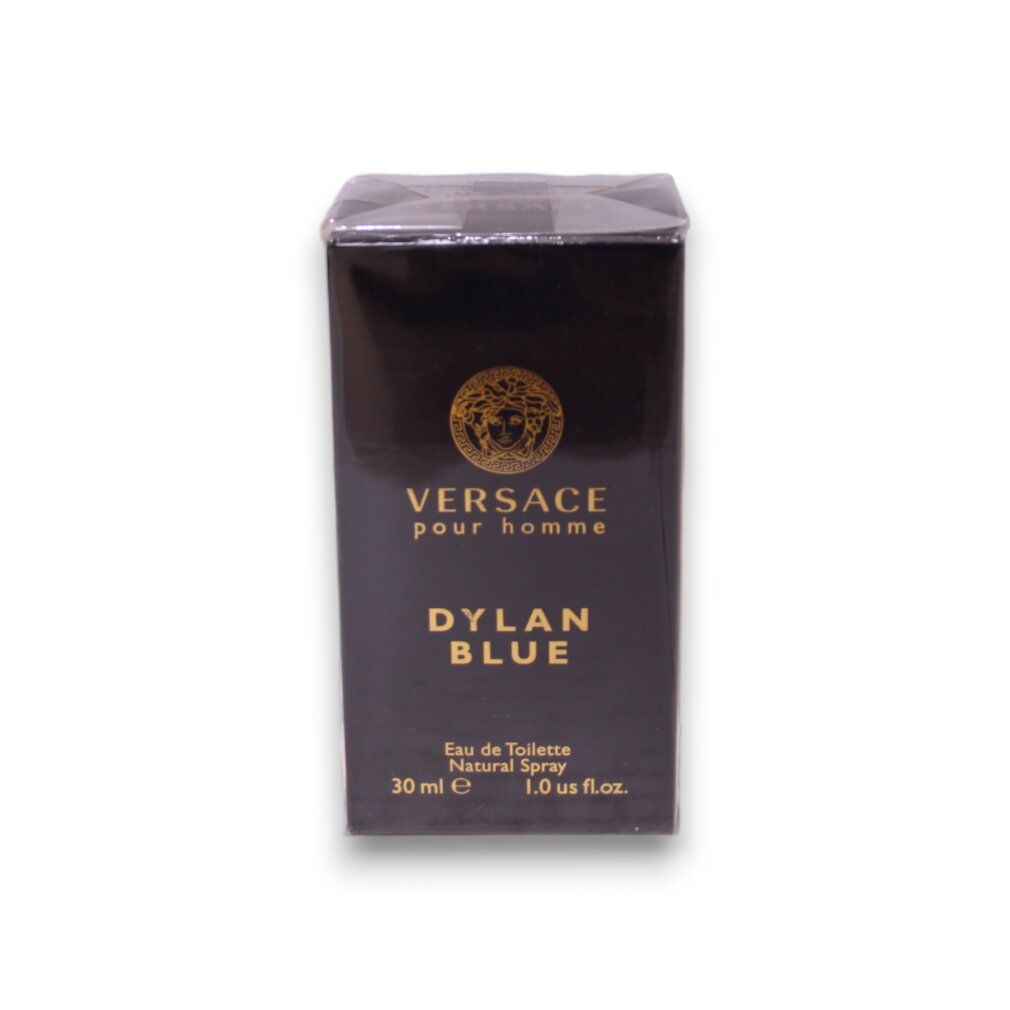 Emballage noir avec logo doré et inscription: VERSACE pour homme DYLAN BLUE. 30 ml.