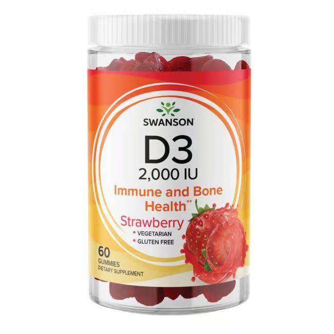 Flacon transparent avec bonbons rouges. Étiquette "SWANSON D3 2,000 IU", Fraise, 60 gommes. Végétarien, sans gluten.