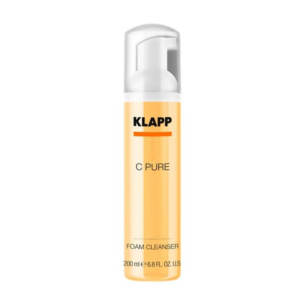 Gele fles met witte pomp. Opschrift: KLAPP, C Pure, Foam Cleanser. Volumeaanduiding.