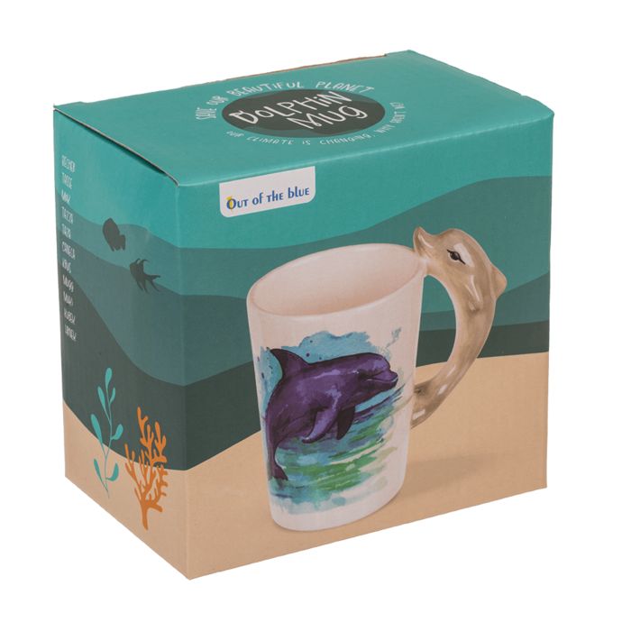 Beker met dolfijnvormig handvat en dolfijnmotief. Verpakt in een turquoise doos met opdruk. Merk: Out of the blue.