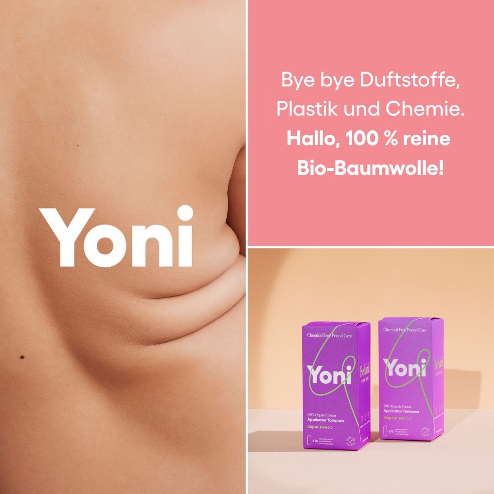 Deux boîtes de tampons avec le texte Yoni. Texte : Bye bye parfums, plastique et produits chimiques. Bonjour, 100% coton bio pur !