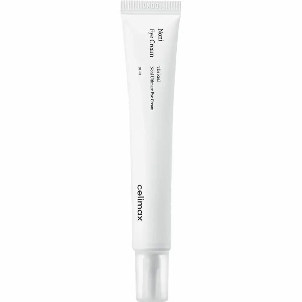 Witte tube met 'Noni Eye Cream' en 'celimax' opschrift. Productnaam en volume-aanduiding.