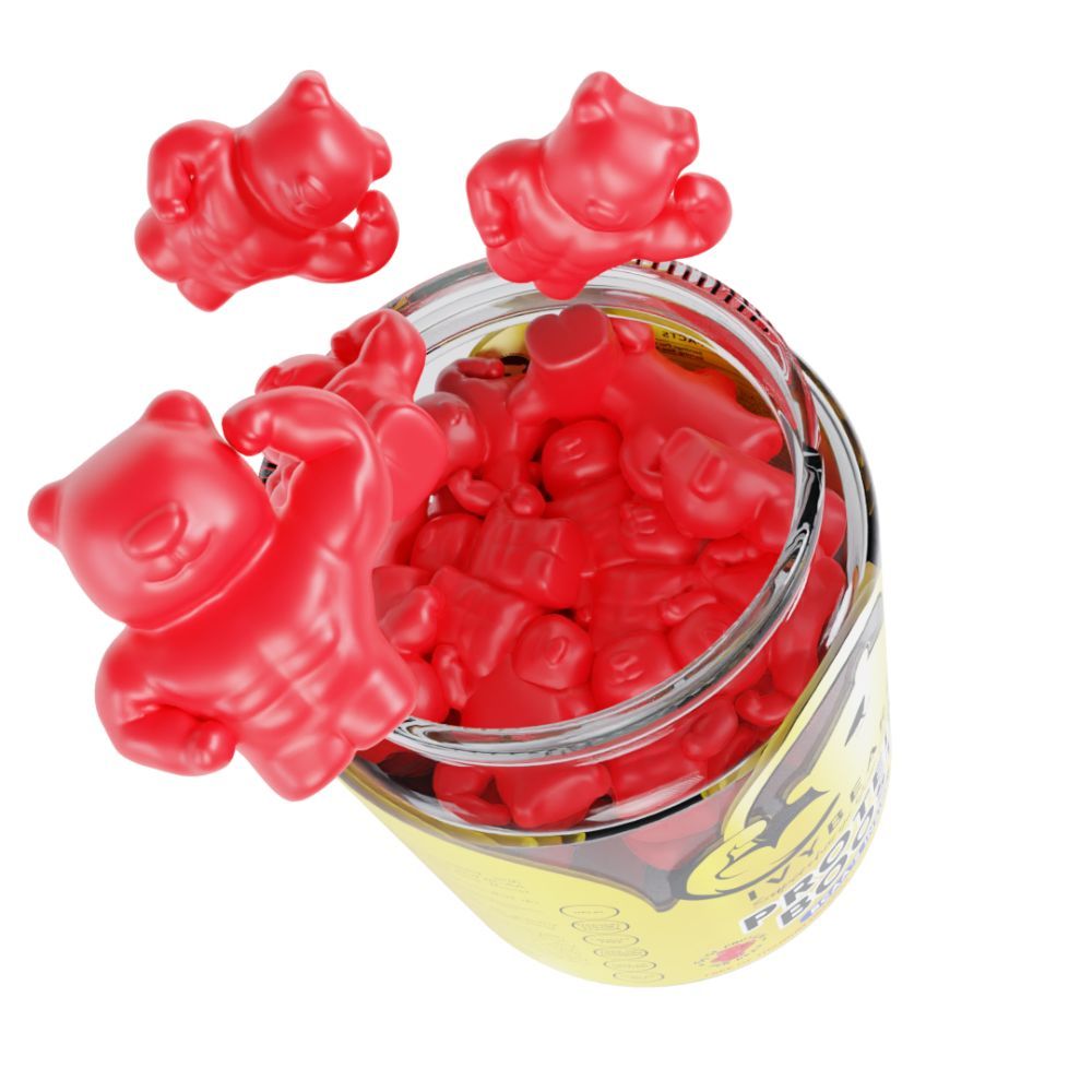 Pot d'oursons en gélatine rouges. Quelques ours volent. Autocollant jaune avec texte.