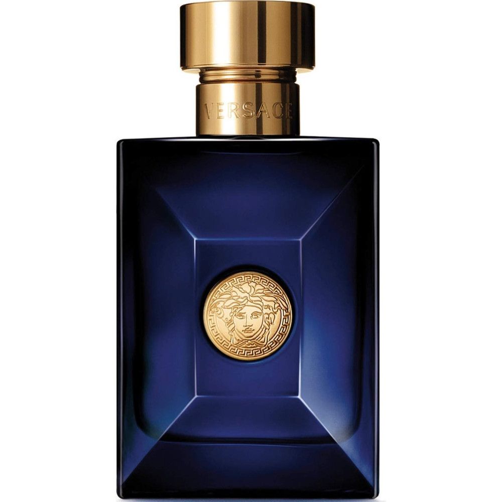 Blauw parfumflesje met gouden dop. Opschrift: Versace pour homme Dylan Blue. Medusa-logo.
