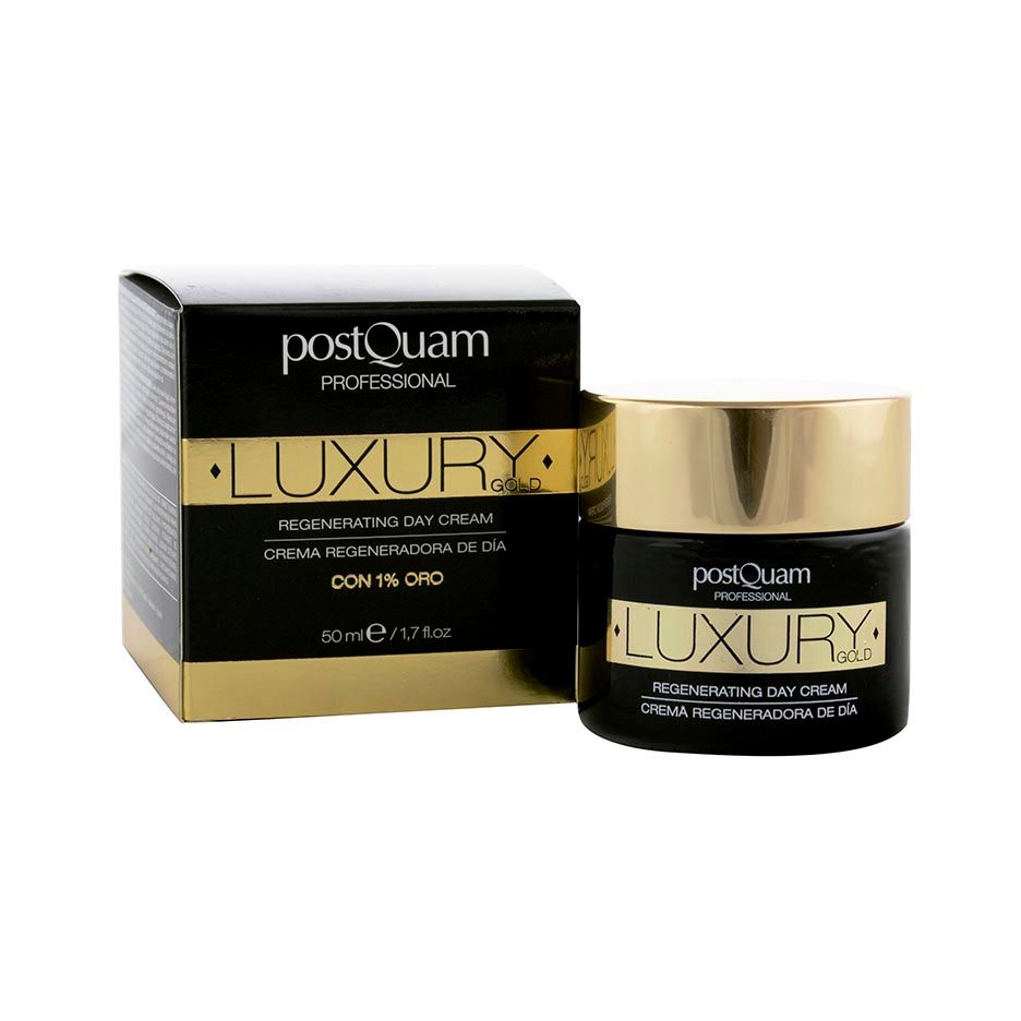 Boîte noire et pot. Inscription: Luxury Gold, Regenerating Day Cream. Marque: Postquam Professional. Avec 1% d'or.