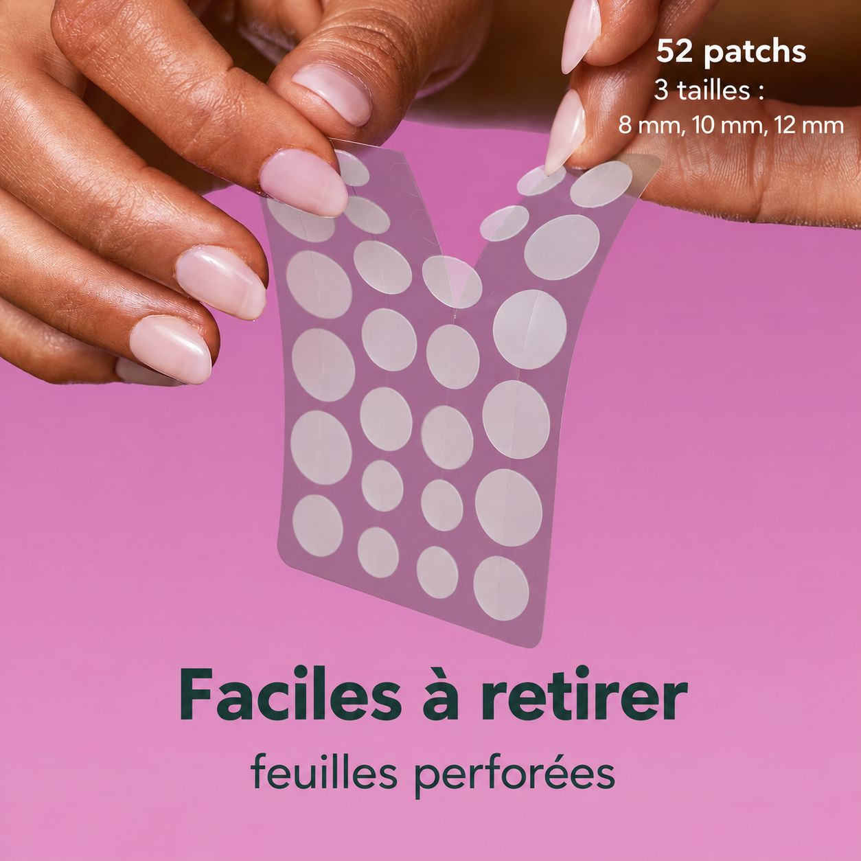 52 patchs anti-acné ronds en trois tailles (8, 10, 12 mm) sur une feuille perforée.