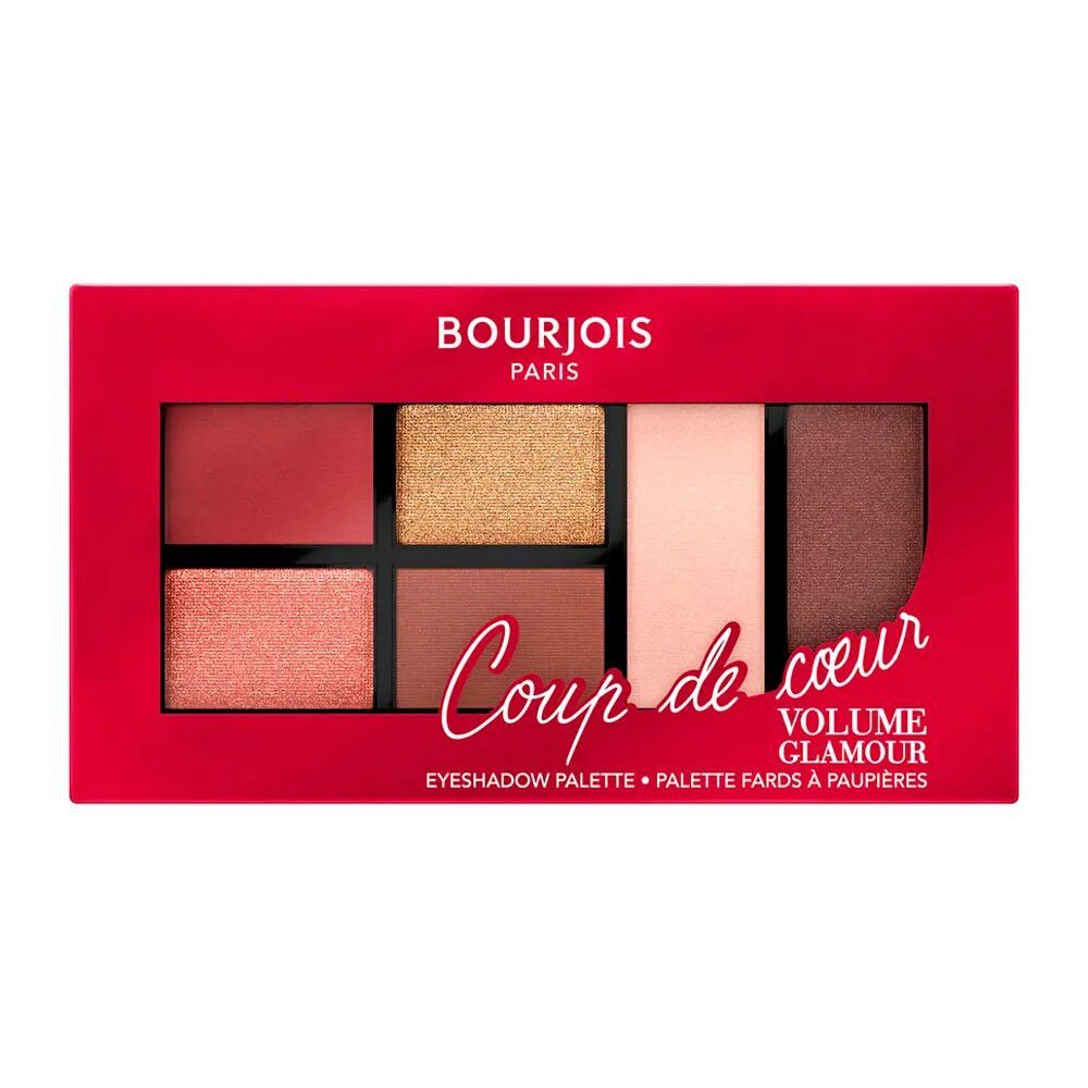 Oogschaduwpalet met zes kleuren in een rode verpakking. Merknaam 'Bourjois' en productnaam 'Coup de Coeur' zichtbaar.