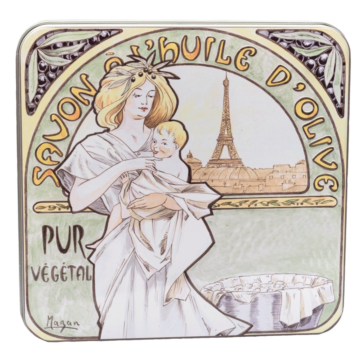 Vierkante metalen doos met vrouw en kind voor de Eiffeltoren. Tekst: Savon à l'huile d'olive, Pur Végétal.