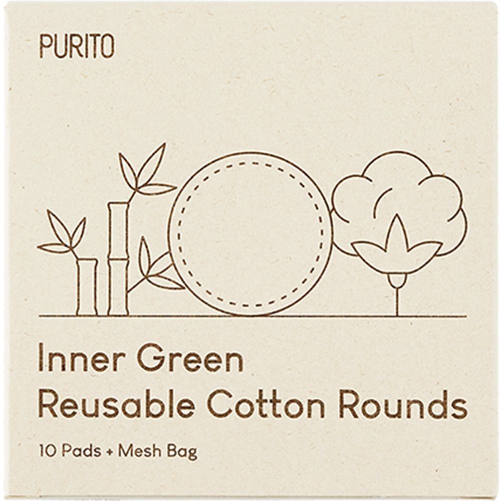 Emballage carré avec logo et inscription "Inner Green Reusable Cotton Rounds". Contient 10 tampons et un sac en filet.