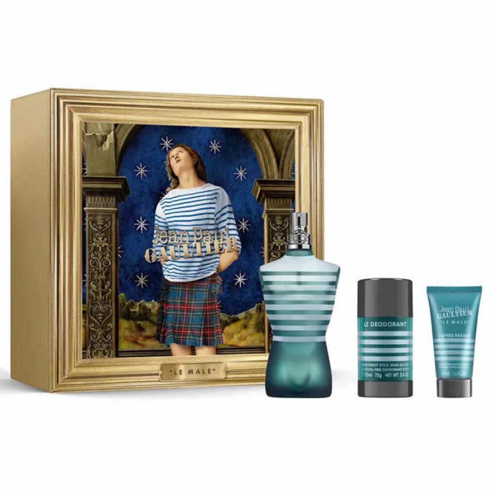 Coffret cadeau avec flacon, déodorant et après-rasage. Flacon turquoise. Boîte dorée avec image.