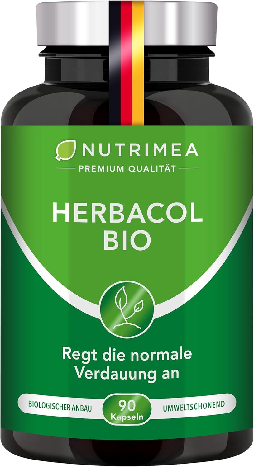 Bouteille HERBACOL BIO. Bouteille noire avec étiquette verte. Texte: Stimule la digestion normale. 90 gélules. Culture biologique.
