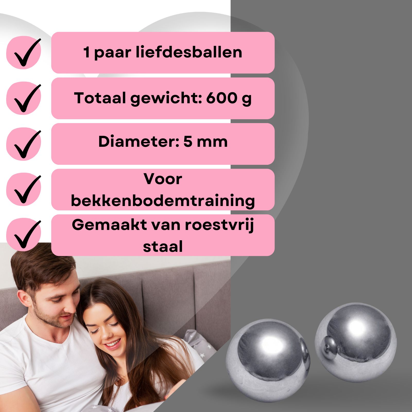 Twee metalen ballen naast tekst. Tekst: 1 paar, 600g, diameter 5mm, roestvrij staal.